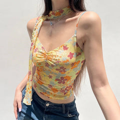 BXOXO Camis Y2k Sweet Girl 90s Vintage Clothes Sling Flower Summer Slim Mesh Women Korea Harajuku Femme Crop Top Grunge Tank Clothing