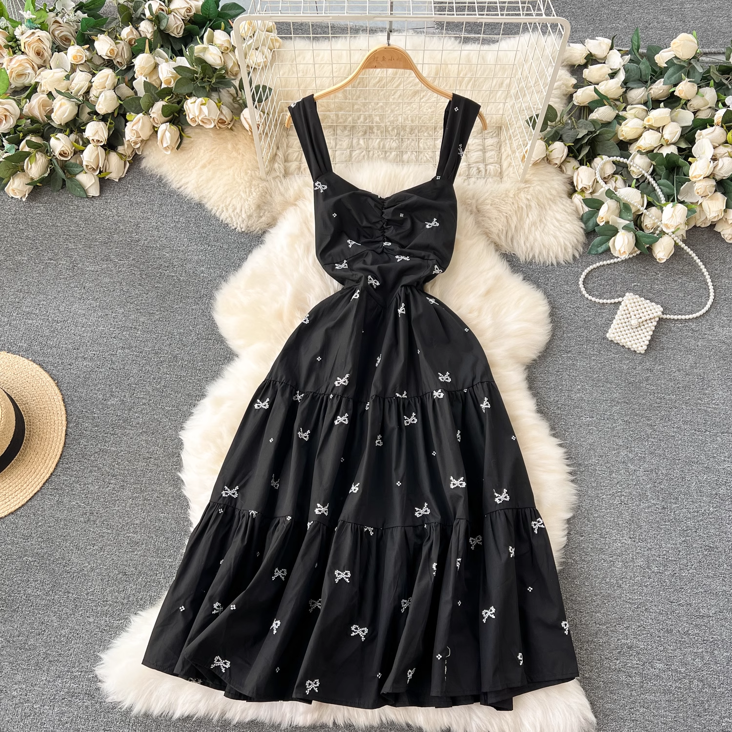 Embroidered Bow Tie Mid-length Resort Style Suspender Dress