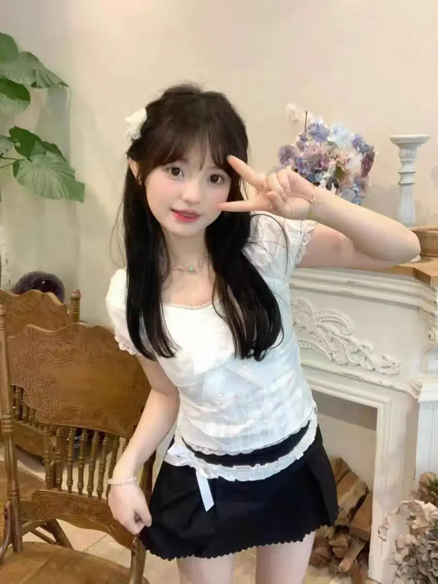 BXOXO Y2k Top Lace White Slim Kawaii Cute Women Clothes T shirt Suit Harajuku Sexy Sweet Girl Japanese Grunge Crop Top 2000s Tshirts