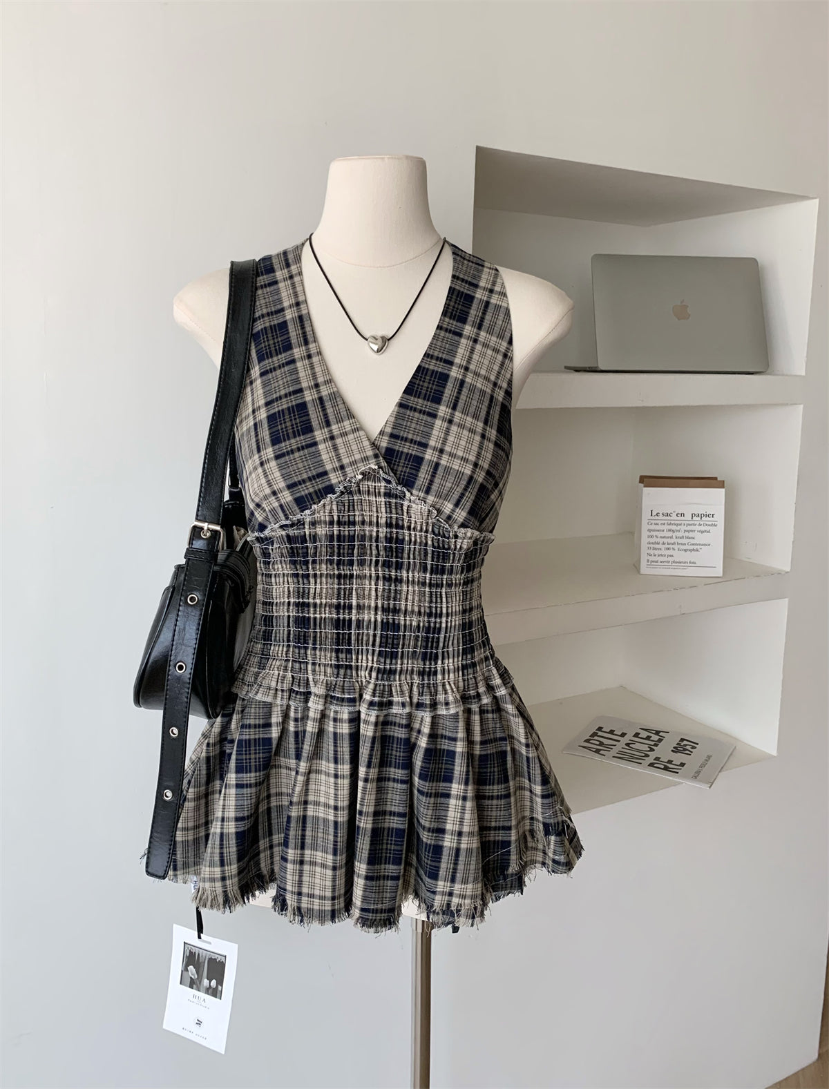 BXOXO Korea Fashion Plaid Mini Dress Women Elastic Waist V-Neck Slim Halter Pleated Dress Female Sexy Sweet College Style Clothing New