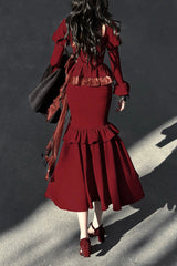 BXOXO - Red Rose Long Sleeves Bowknot Classic Elegant Princess Mermaid Lolita Dress