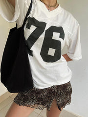 BXOXO - summer inspo Digital Print Casual Loose White T Shirts For Women V Neck Short Sleeve Preppy Streetwear Summer Top Tees Football Jersey