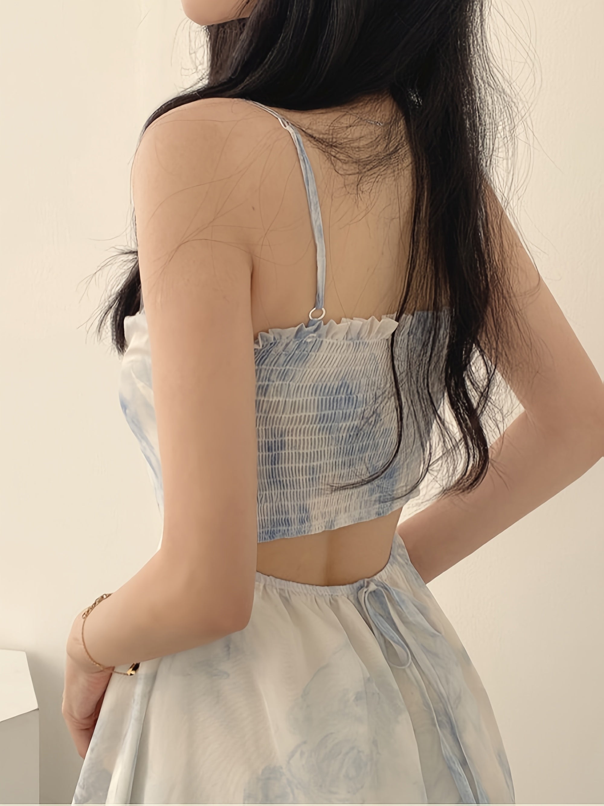 BXOXO [Elegant | Ink Wash] Elegant | A-Line Camisole Dress for Women | Ink Wash Painting Print Mesh Spliced Design, Featuring a Back with Adjustable Hollow Sexy Shoulder Straps
