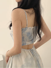 BXOXO [Elegant | Ink Wash] Elegant | A-Line Camisole Dress for Women | Ink Wash Painting Print Mesh Spliced Design, Featuring a Back with Adjustable Hollow Sexy Shoulder Straps