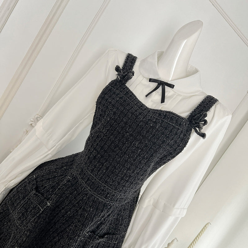 BXOXO - summer inspo Elegant Retro Preppy Style Suit Women Gentle Long Sleeve Shirt + Suspender Skirt Two Piece Set Fashion Outfits