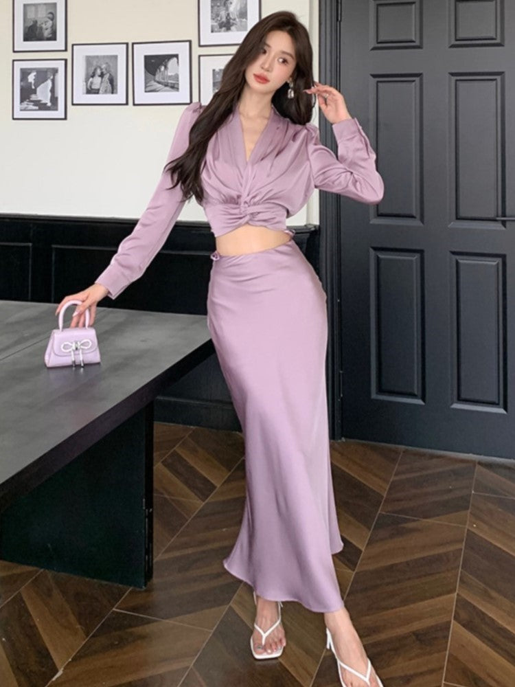 BXOXO party look inspos Autumn Korean Solid 2 Pieces Set Women Elegant V-Neck Long Sleeve Pleated Shirt Tops and High Waist A-Line Mermaid Skirt Suits