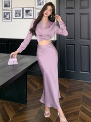 BXOXO party look inspos Autumn Korean Solid 2 Pieces Set Women Elegant V-Neck Long Sleeve Pleated Shirt Tops and High Waist A-Line Mermaid Skirt Suits