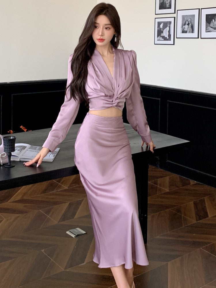 BXOXO party look inspos Autumn Korean Solid 2 Pieces Set Women Elegant V-Neck Long Sleeve Pleated Shirt Tops and High Waist A-Line Mermaid Skirt Suits