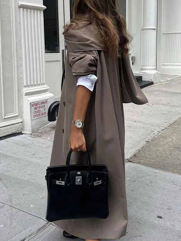 BXOXO Long Sleeves Loose Buttoned Pockets Solid Color Split-Joint Notched Collar Outerwear Trench Coats