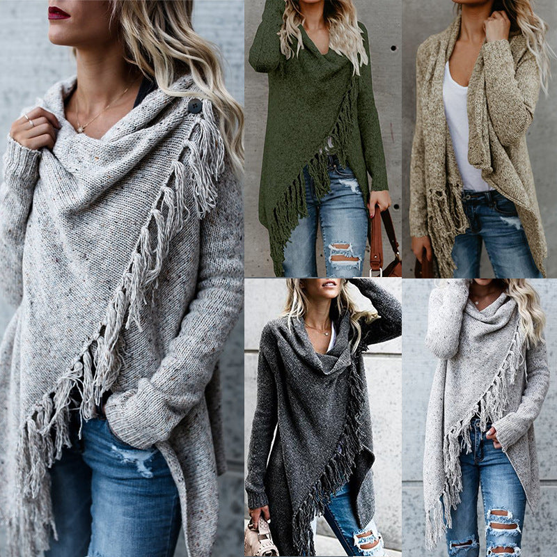 long sweater dress outfit Autumn and Winter Women's Tassel Knitted Coat Shoulder plus Size Cardigan Sweater