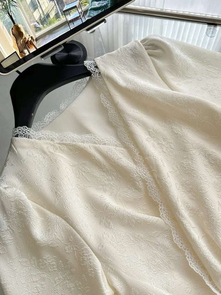 BXOXO Spring French Retro Elegant Princess Dress Women Lace Straps Mesh Embroidery Spliced Long Dress Mori Girl Style Design Vestidos