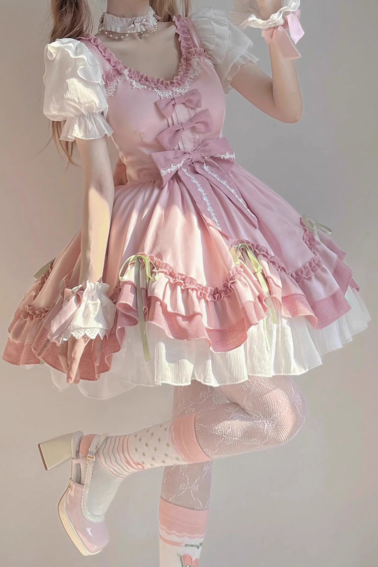 BXOXO - White/Pink Short Sleeves Ruffle Bowknot Princess Sweet Lolita OP Dress