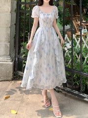 BXOXO Polyester Casual Square Neck Puff Sleeve Short Floral Midi Trapeze Fit and Flare Shirred A-Line Dress, No Belt, No Padding, H Contour, Regular Fit, Woven, 100% Polyester Lining, 90g/㎡ Fabric Weight, 56g/㎡ Lining Wei