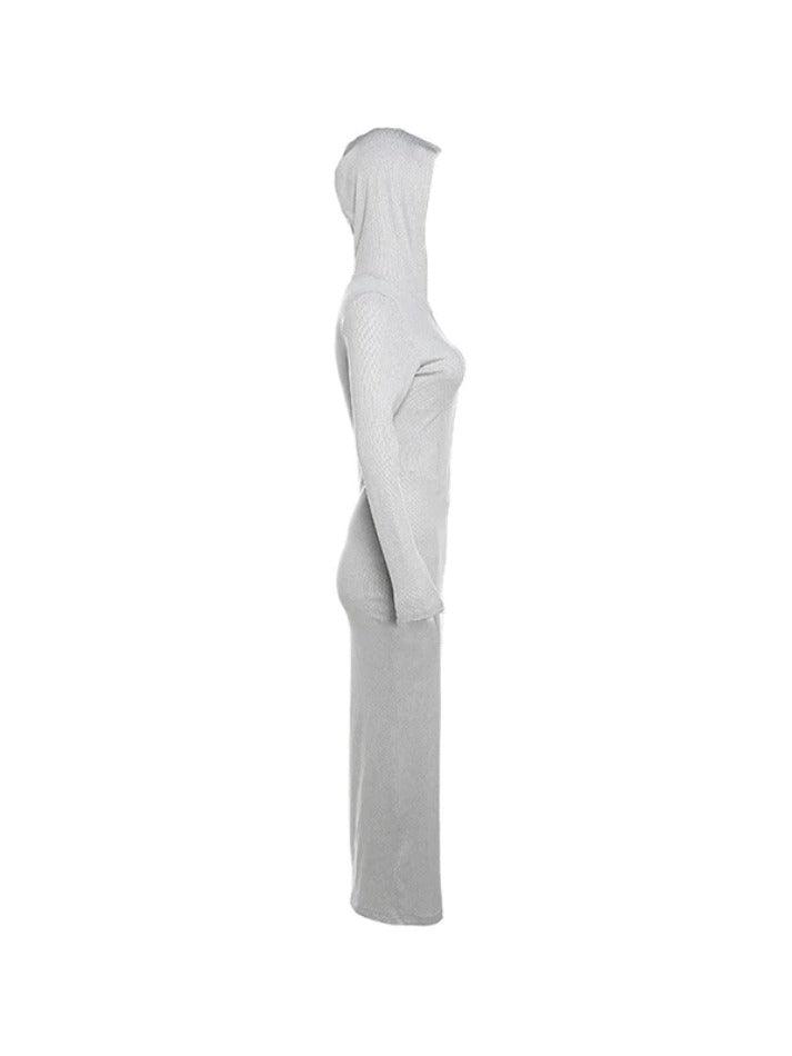 Solid Hooded Zip Up Long Sleeve Maxi Dress