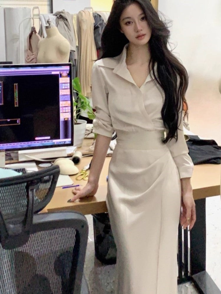 BXOXO party look inspos Korean Elegant Solid 2-piece Skirt Set for Women Long Sleeve Shirt Slim Waist Midi Mermaid Skirt Fashion Office Lady Clothes New