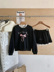 BXOXO Autumn Winter Women Korean Girl Y2k Ballet Core Outfits 2 Piece Set Long Sleeve Sweatshirts + Mini Pleated Lace Patchwork Skirts