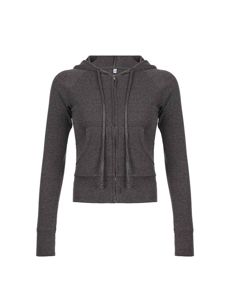 BXOXO - summer inspo Sweetown Gray Slim Zip Up Jackets Hoodies For Women Pockets Long Sleeve Ribbed Solid Simple Basic Casual Preppy Sweatshirts