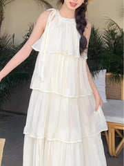 BXOXO 1pc Elegant French Halter Neck Off-Shoulder Cake Suspender Skirt Dress for Women - Summer New Casual Seaside Vacation Dress, Polyester, Round Neck, Sleeveless, Layered Cake Design, Mid-Length, Loose Fit, A-Line, Lightwe