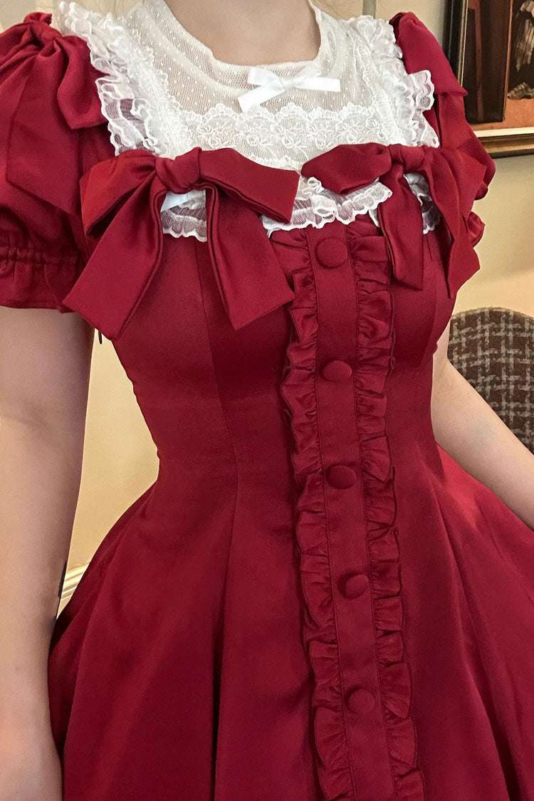 BXOXO - Wine Red Annie's Gift Short Sleeves Bowknot Short Version Sweet Lolita Dress (Plus Size Support)