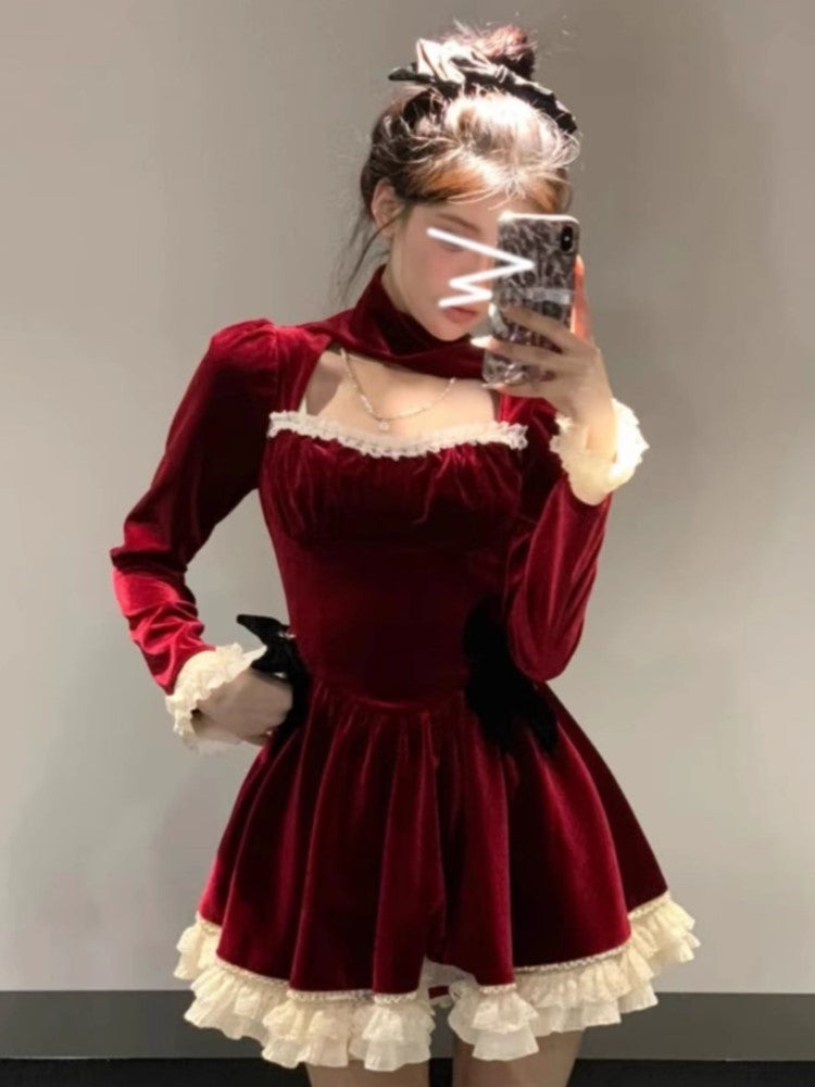 BXOXO party look inspos Vintage Christmas Sweet Velvet Princess Dresses for Women Autumn Elegant Lace Patchwork Birthday Party Vestidos Y2K Mini Dress