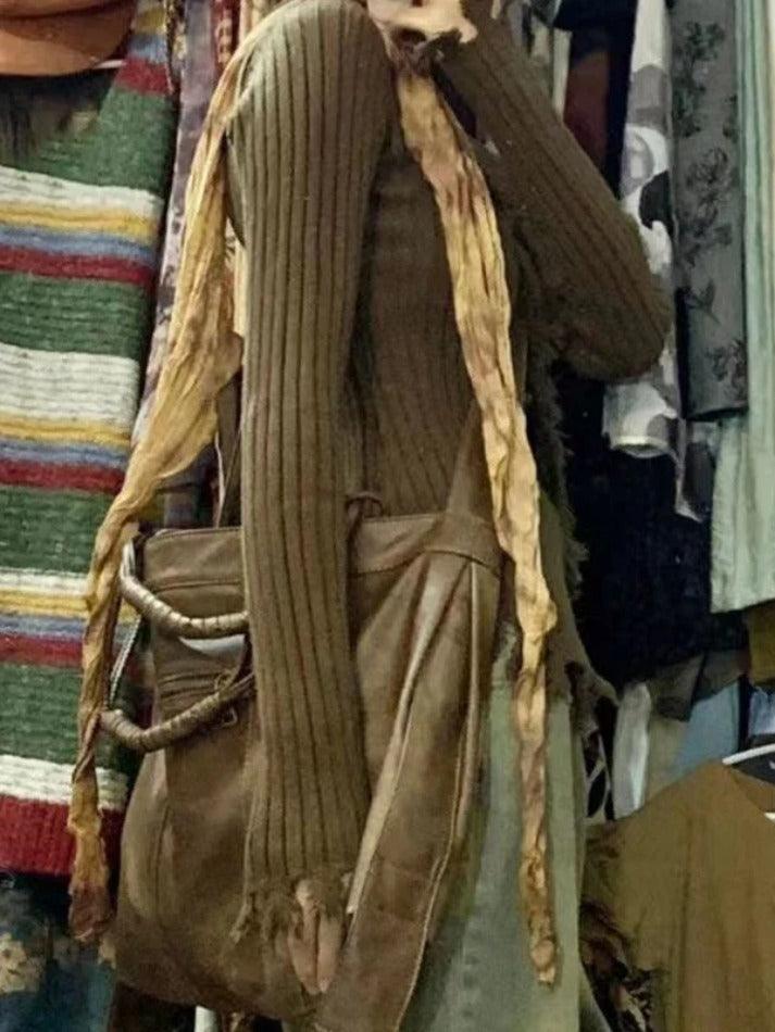 Vintage Brown Tassel Trim V Neck Cardigan