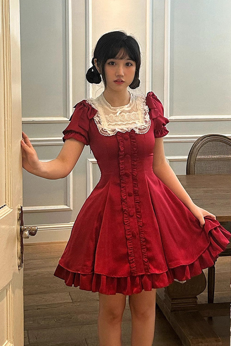 BXOXO - Wine Red Annie's Gift Short Sleeves Bowknot Short Version Sweet Lolita Dress (Plus Size Support)