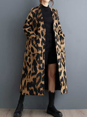 BXOXO Long Sleeves Loose Buttoned Leopard Pockets Split-Joint V-Neck Outerwear Trench Coats