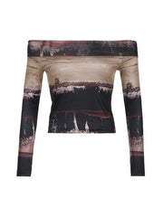 Vintage Irregular Print Off Shoulder Mesh Long Sleeve Tee
