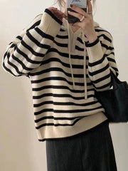 Vintage Contrast Color Striped Hooded Knit Sweater