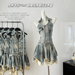 BXOXO - summer inspo Spicy Girl Halter Neck Denim Dress For Women's Summer Retro Streetwear Sleeveless Irregular Short Dress Fashion Female Clothes