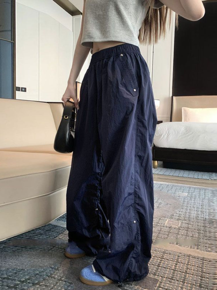 BXOXO Y2k Baggy Parachute Pants Women Vintage Wide Leg Pleated Cargo Trousers Joggers Casual Gray Oversized Summer Streetwear