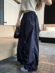 BXOXO Y2k Baggy Parachute Pants Women Vintage Wide Leg Pleated Cargo Trousers Joggers Casual Gray Oversized Summer Streetwear