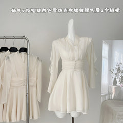 BXOXO - summer inspo 2025 Summer Solid Color Pleats Dresses French Elegant V Neck High Waist Dress Women Holiday Beach Style