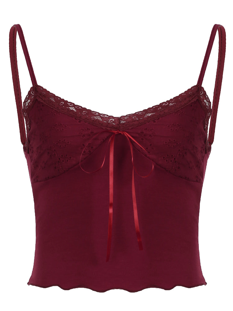 BXOXO - summer inspo Christmas Red Vintage Elegant Camisole Lace Trim V Neck Tie Bow Sleeveless Slim Cute Crop Top Women Y2K Streetwear Clothes