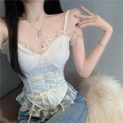 BXOXO Sweet Girl Sling Y2k  Summer Camis Women Clothes Streetwear Bow White Bandage Kawaii Slim Tank Tops Sexys Harajuku Crop Top