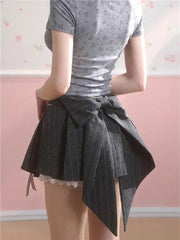BXOXO Sweet Bow Pleated Skirt Women Kawaii Lace Patchwork Mini Skirts Lolita Japanese Style Cute Gray Dot Print Short Skirts