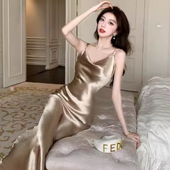 Champagne Satin Spaghetti Straps Dress  HOT1484