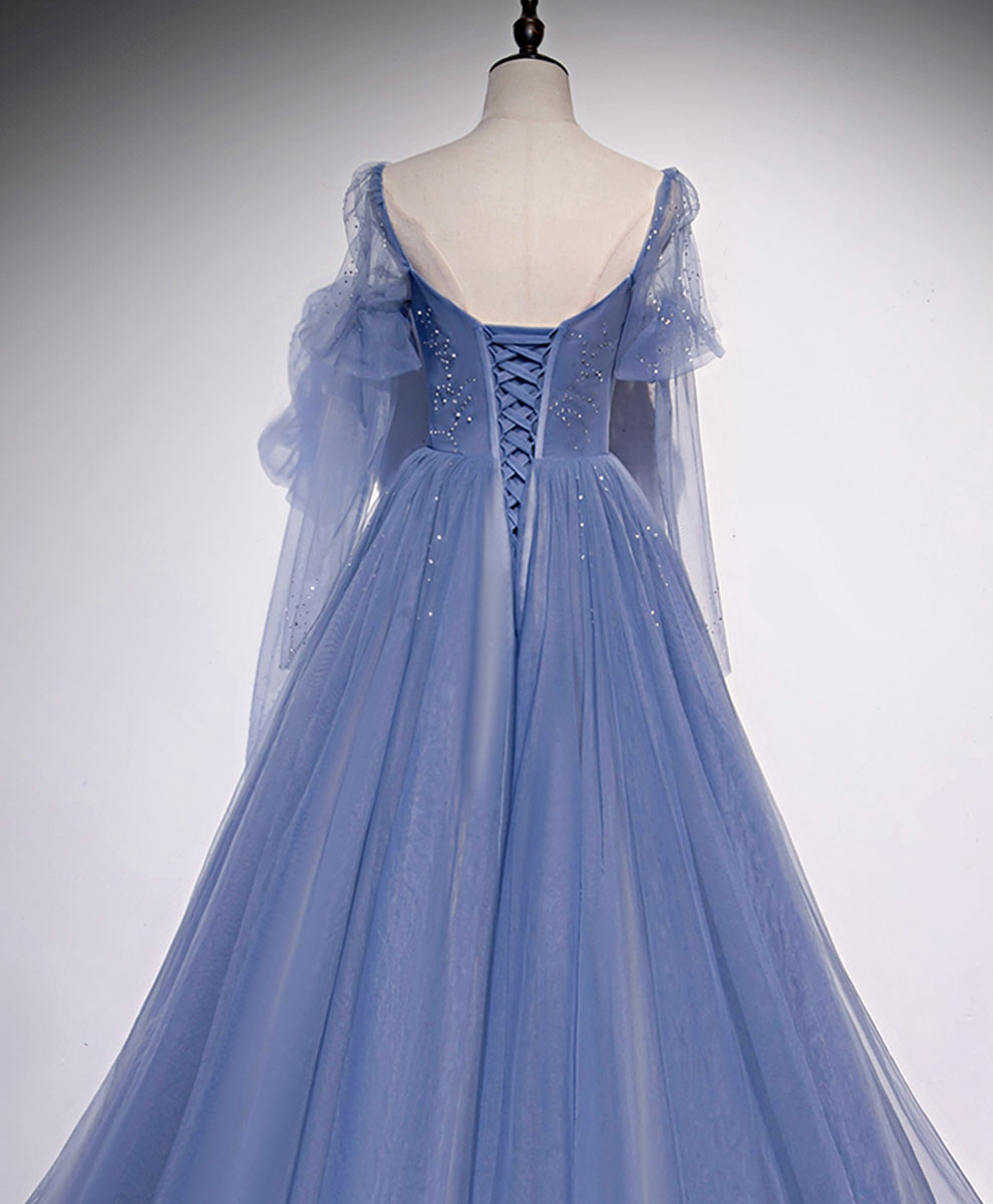 BXOXO A line Blue Long Prom Dress, Blue Formal Graduation Dress with Beading