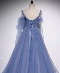 BXOXO A line Blue Long Prom Dress, Blue Formal Graduation Dress with Beading