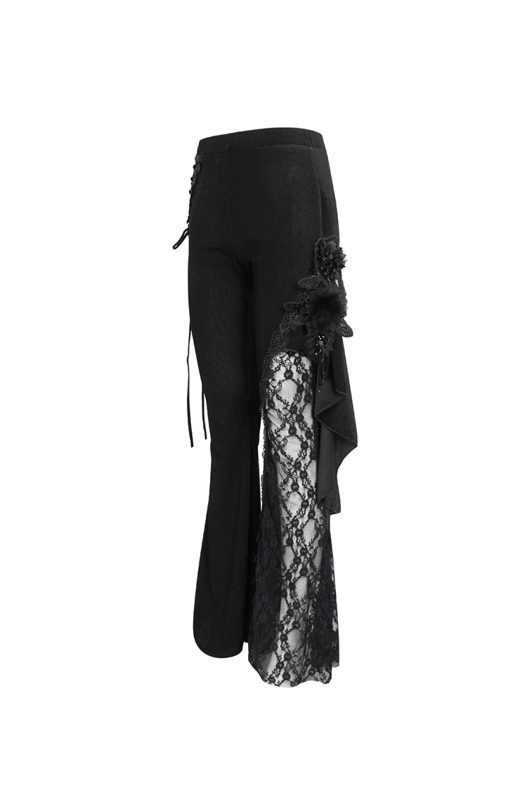 BXOXO Black Velvet Single Side Stitching Rose Net Side Rope Decoration Asymmetric Pattern Flare Women's Gothic Pants