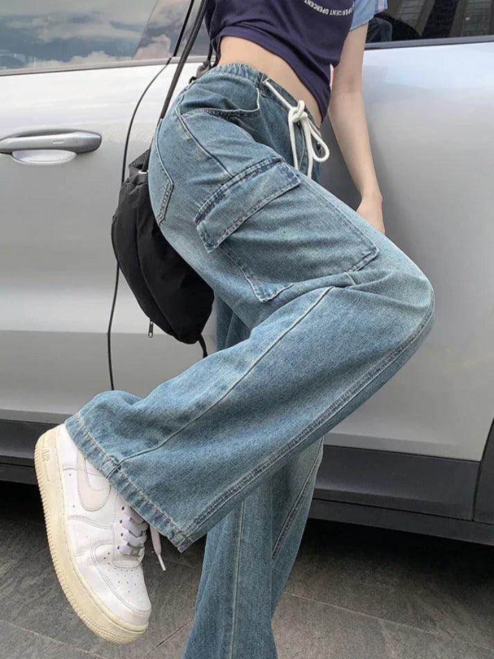 Vintage Multi Pocket Drawstring Cargo Jeans