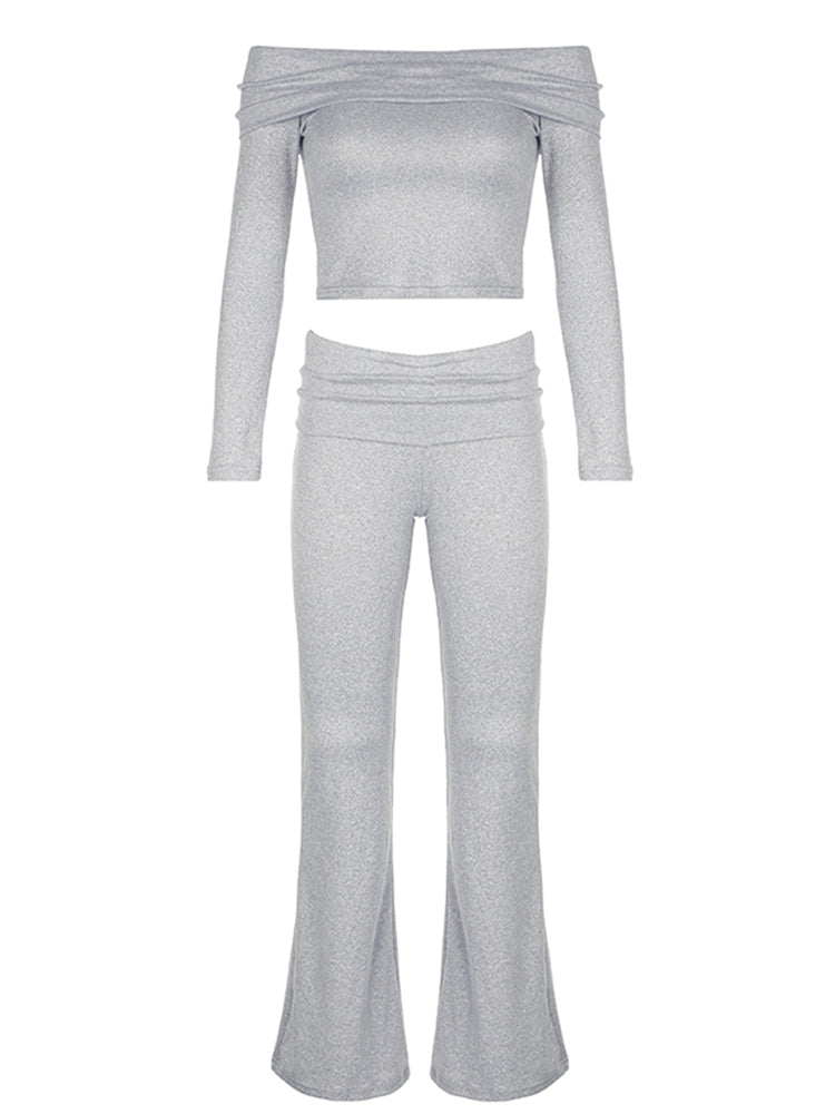 BXOXO - summer inspo Women Solid Skinny Ruched Off Shoulder Long Sleeve Tee Shirt And Flared Pants 2 Pieces Sets