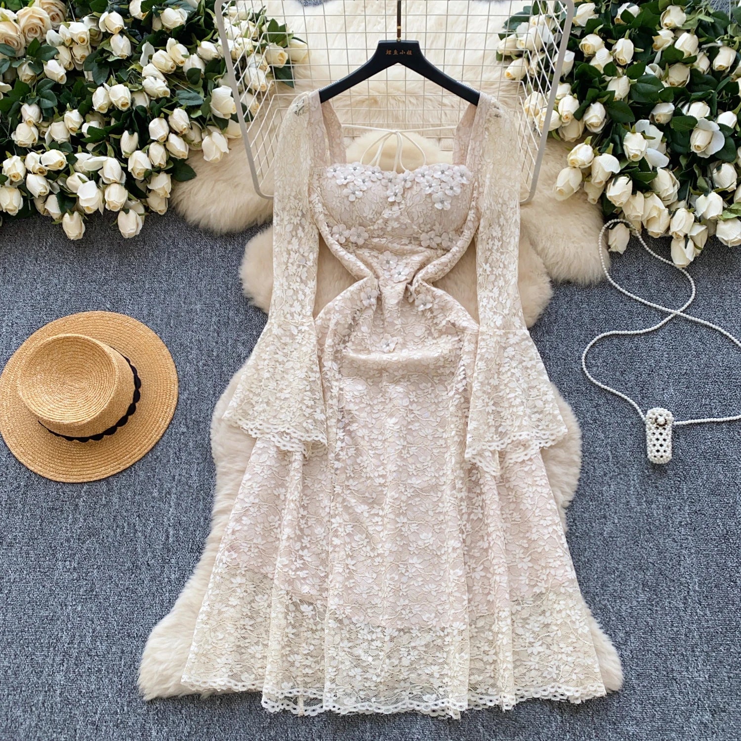 BXOXO Spring France Elegant Vintage High End Evening Dress Women 3D Flower Lace Hollow Out Party Dress Female Casual Chic Clothing New