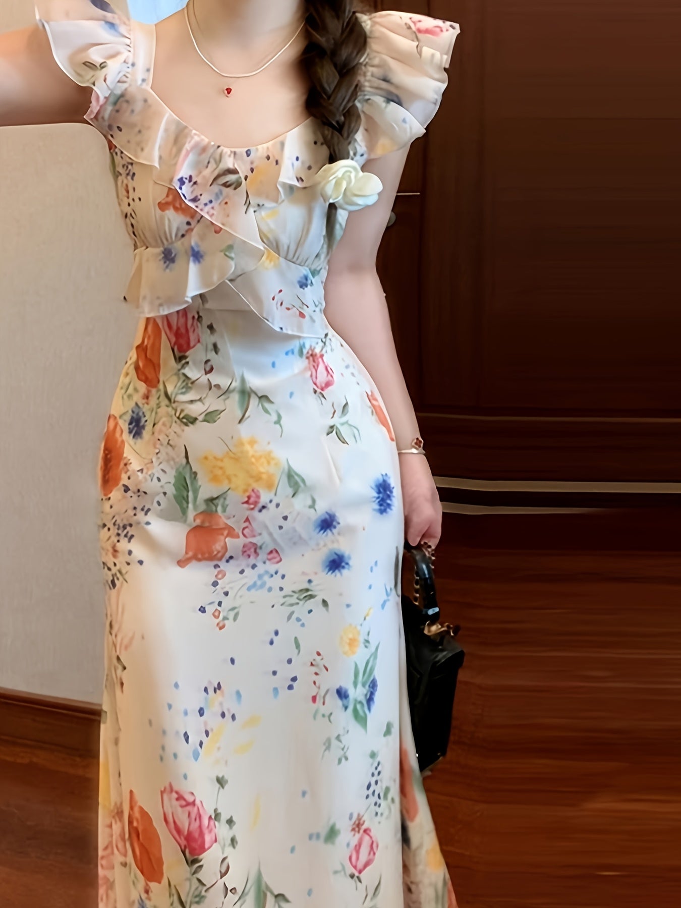 BXOXO Women's French-Inspired Summer Dress with Puff Sleeves & Ruffled Neckline - Vibrant Floral Print Pencil Skirt, Fitted Waist, Machine Washable Elegant Party & Casual Outfit, Summer Party Dress | Frenchinspired Fashion |