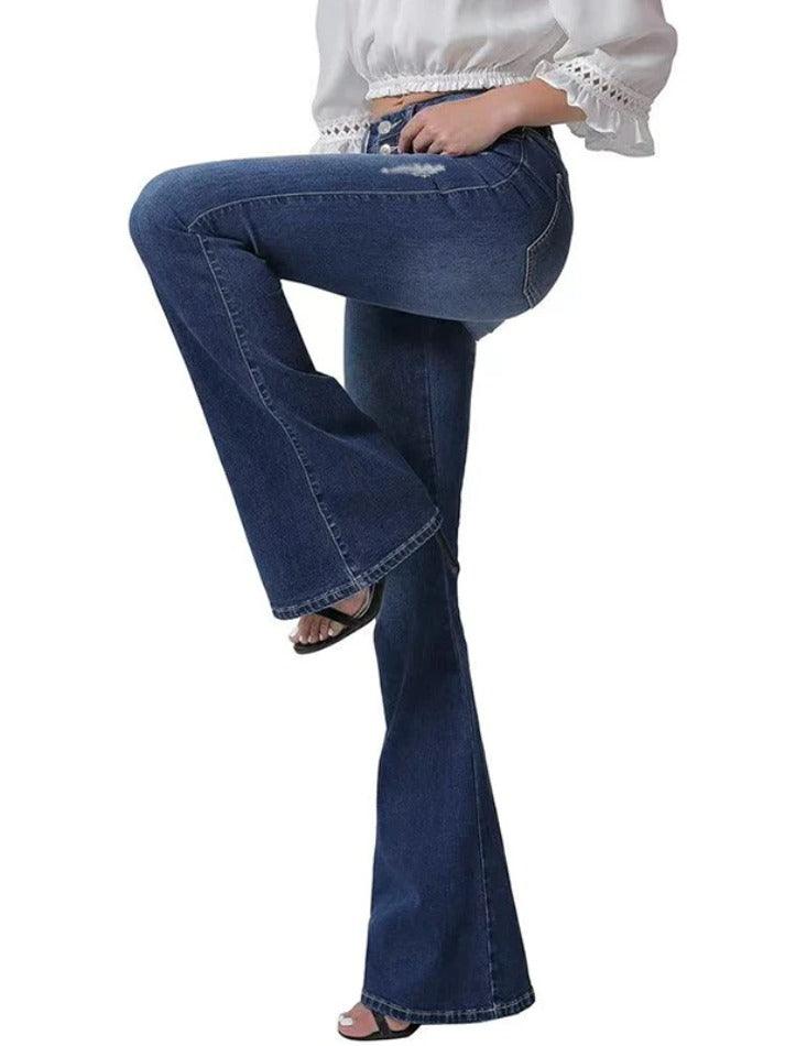Vintage Blue High Elasticity Ripped Flare Jeans