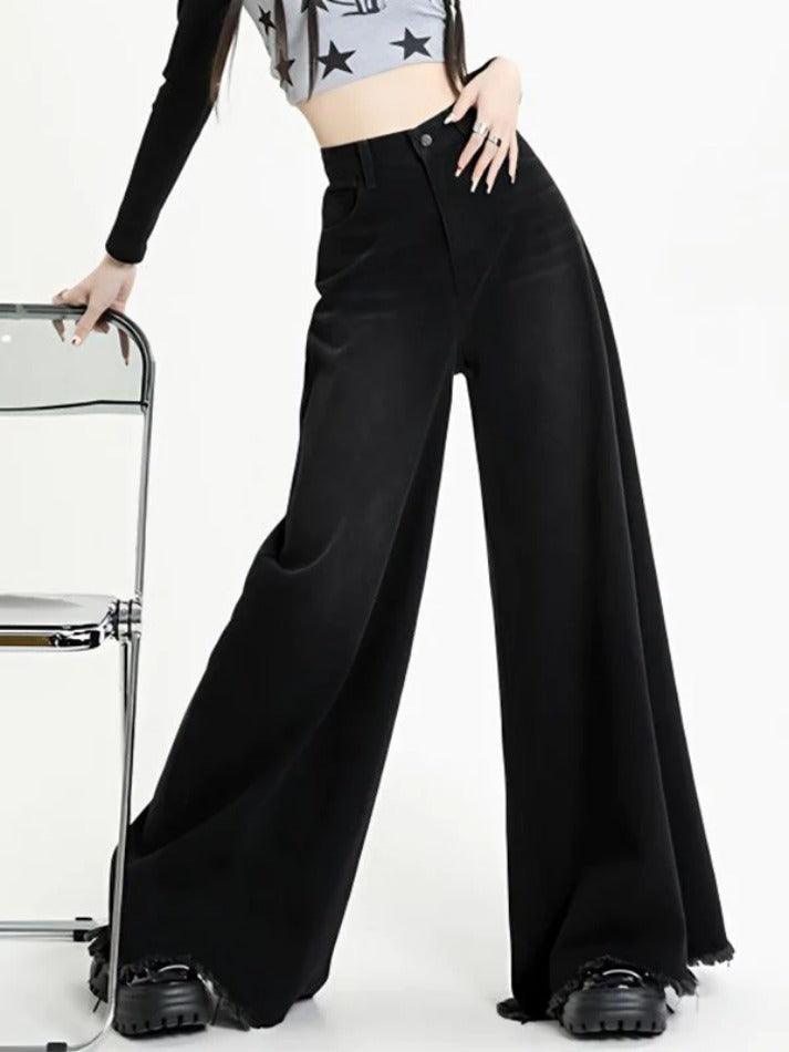 Versatile Black Raw Edge Wide Leg Boyfriend Jeans