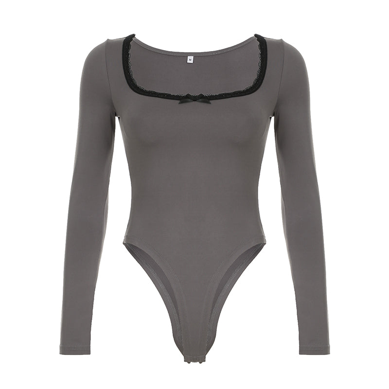 BXOXO - summer inspo Autumn Hotsweets Slim Long Sleeve Bodysuit Women Simple Lace Trim Square Collar Bow Rompers Trendy Clothing