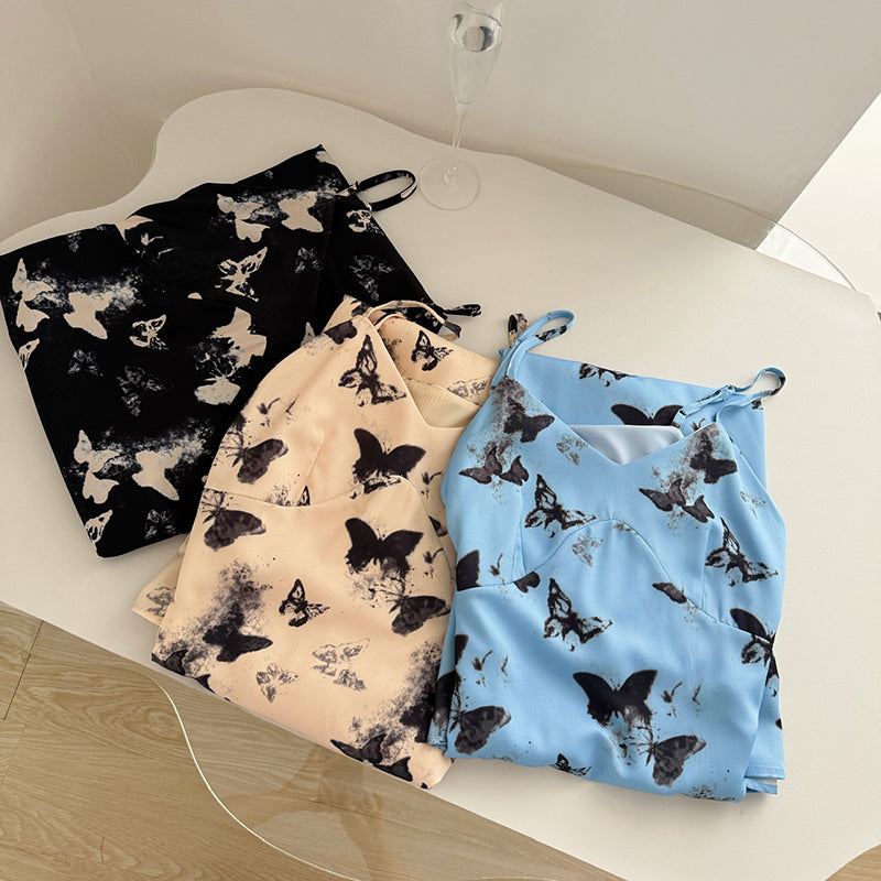 BXOXO - summer inspo Women Sexy Butterfly Print Backless Suspender Slim Long Dress Summer Casual Sleeveless Dresses Beach Robe