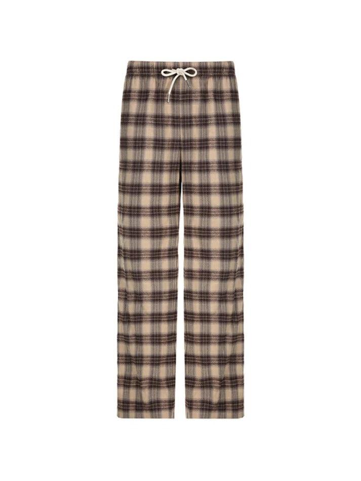 Vintage Plaid Print Drawstring Straight Leg Pants