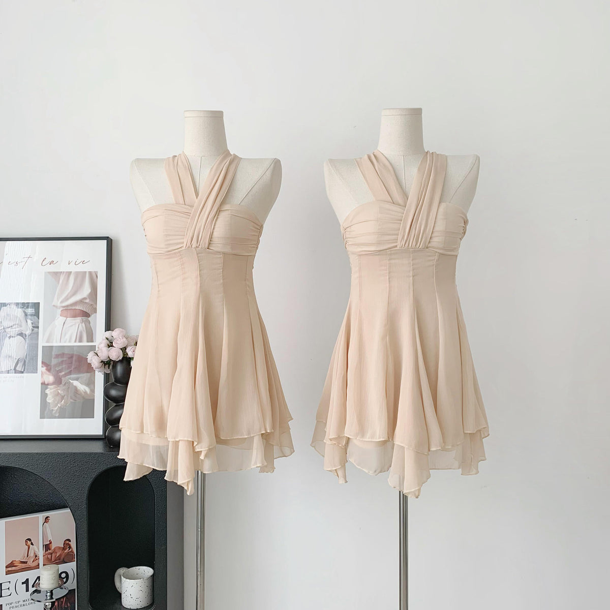 BXOXO - summer inspo Dresses For Women 2025 Skinny Waist Small A Skirt Open Back Off-the-shoulder Halter Neck Irregular Mini Dress